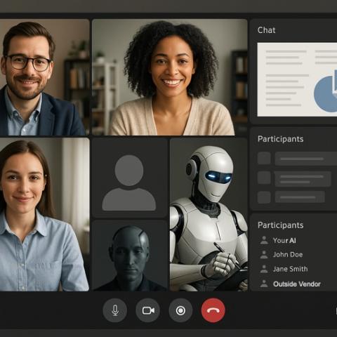 A mockup of an online meeting with a robot taking notes, and a blank for an attendee who didn't come