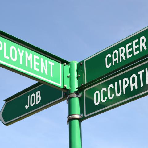 a street sign pointing to emploment and career options