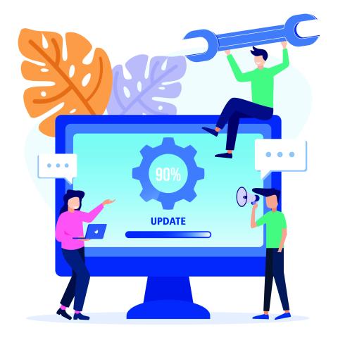 Illustration of people around a computer screen that's displaying an update in progress.
