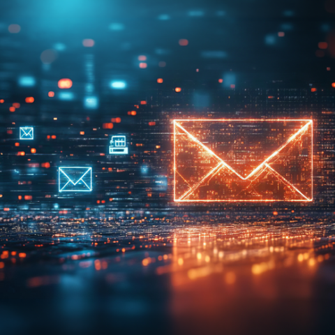 ai generated image of email icons floating in cyberspace.