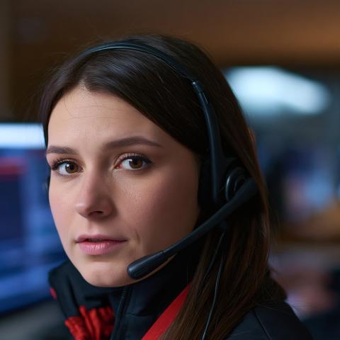 a technical service support person wearing a headset looks up from her screen