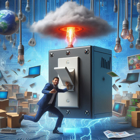 Ai-generated image of man flipping a giant switch surrounded by apocalyptic computer imagery.