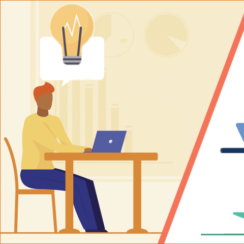 Illustration of two people separately working at their computers. One has a lightbulb over their head. The other has gear icons over their head.