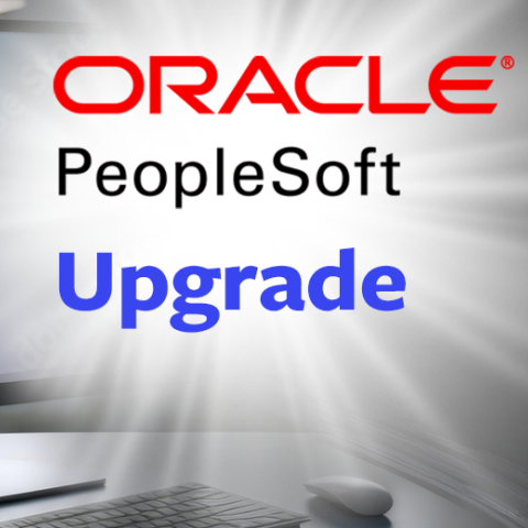 Oracle PeopleSoft logo over a desktop display with the word "Upgrade."