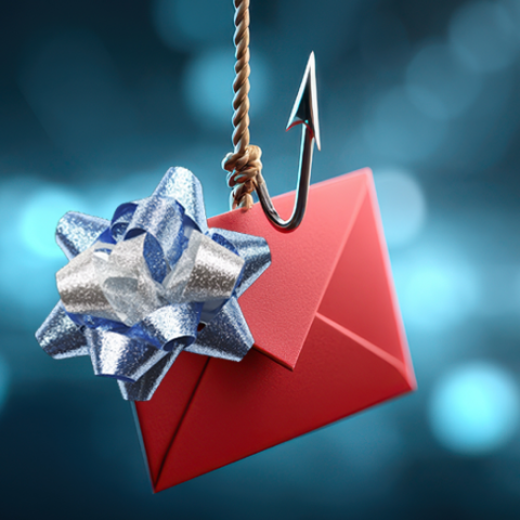 A red envelope with a holiday bow avoids snagging by a fish hook