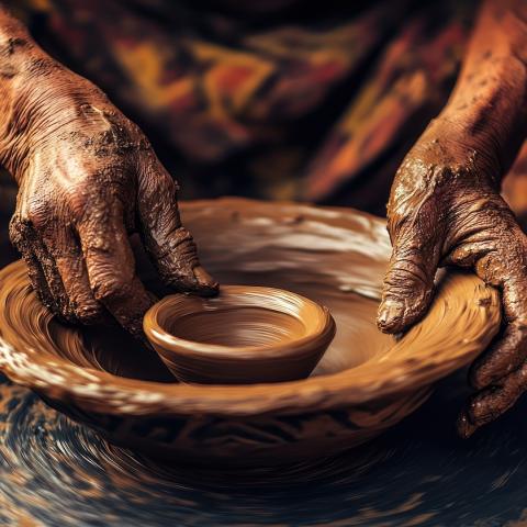 A potter throwing clay on a wheel