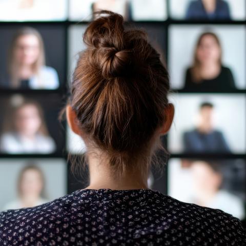 a woman looks at a screen of participants in a videoconference call