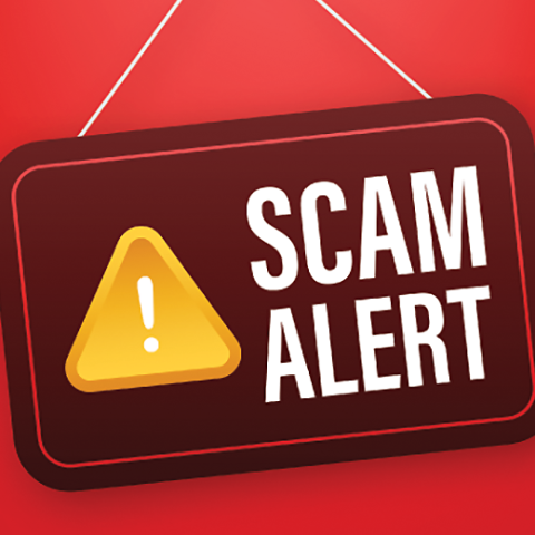 A sign with yellow caution symbol reading "Scam Alert"