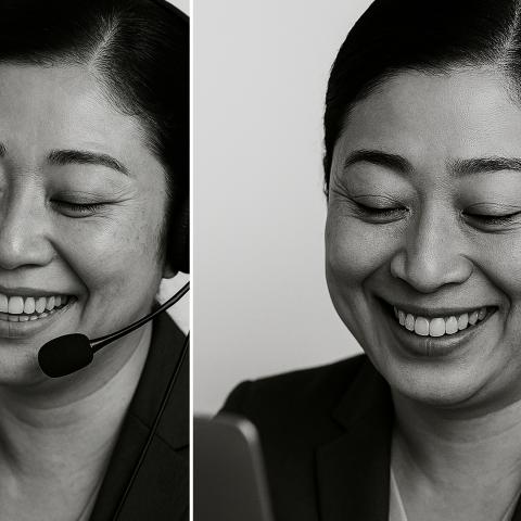 A woman uses three different methods of communication: a handset attached to a cord, a hands-free headset, and typing messages a laptop.