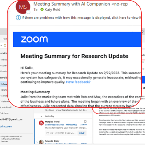 ZAC Meeting Summary email shown with highlight in typical Outlook desktop