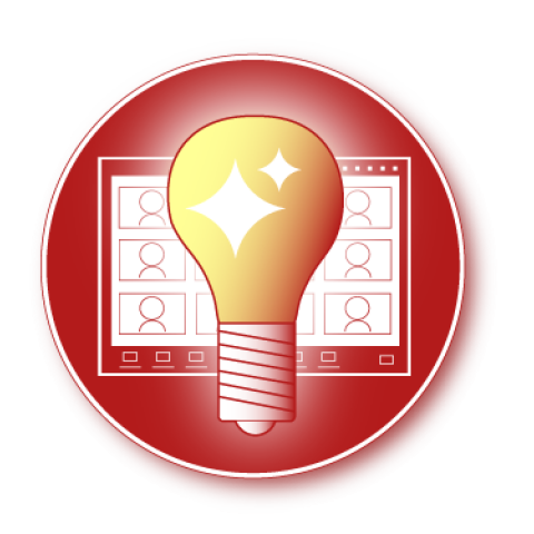 Light bulb graphic with AI spark superimposed on stylized Zoom meeting screen drawing