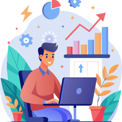 Illustration of someone working at their laptop, surrounded by graphs.