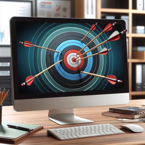 A computer screen displays an archery target with many arrows embedded