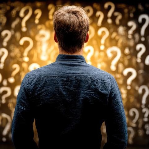 The back of a man staring at a field of question marks