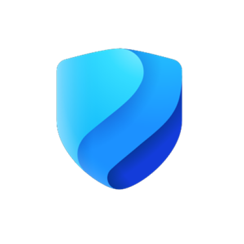 MS Defender logo - Blue shield with three tone swirls