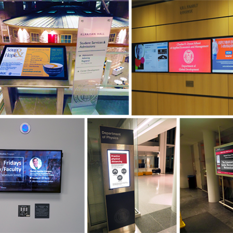 CUView digital signage examples shown in a variety of locations around the Cornell campus, including information panels, kiosks, and departmental signs.