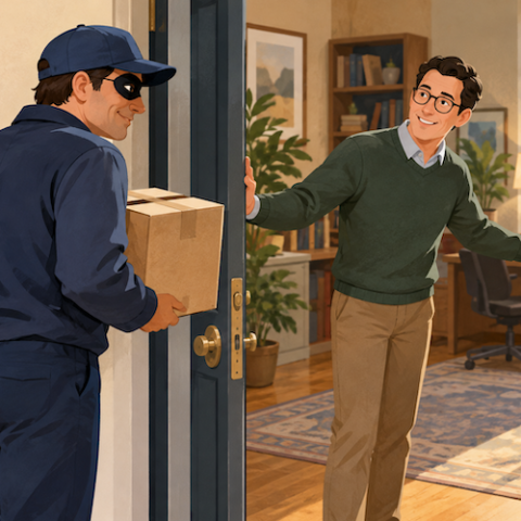 AI generated image of a burglar being invited into someone's home