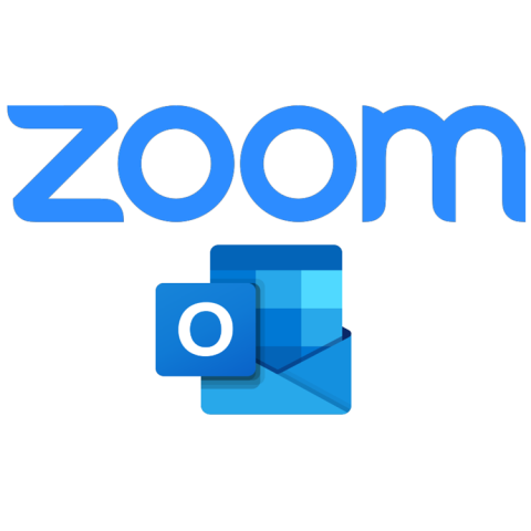 Zoom logo, consisting of the word Zoom in blue, above the Outlook logo, a white "O" in a rounded box overlapping a stylized blue envelope graphic.