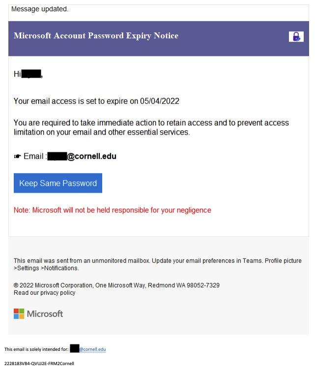 A fake Microsoft password expiration notification