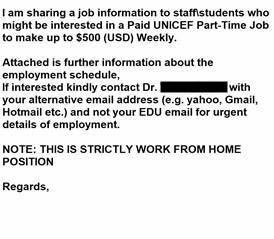 A fake job ad email purporting to be from UNICEF for a part-time job.