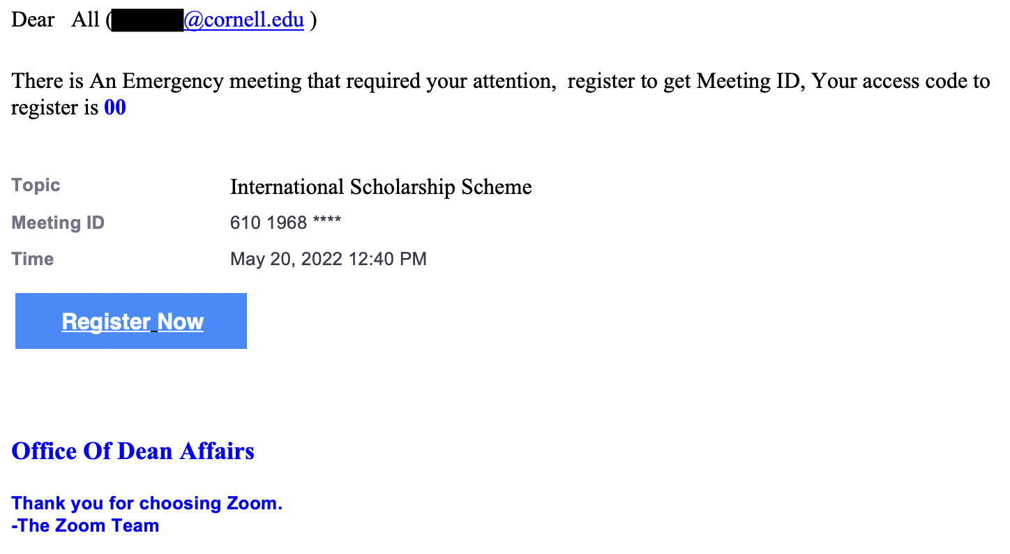A screenshot of a fake Zoom meeting invitation for "International Scholarship Scheme"